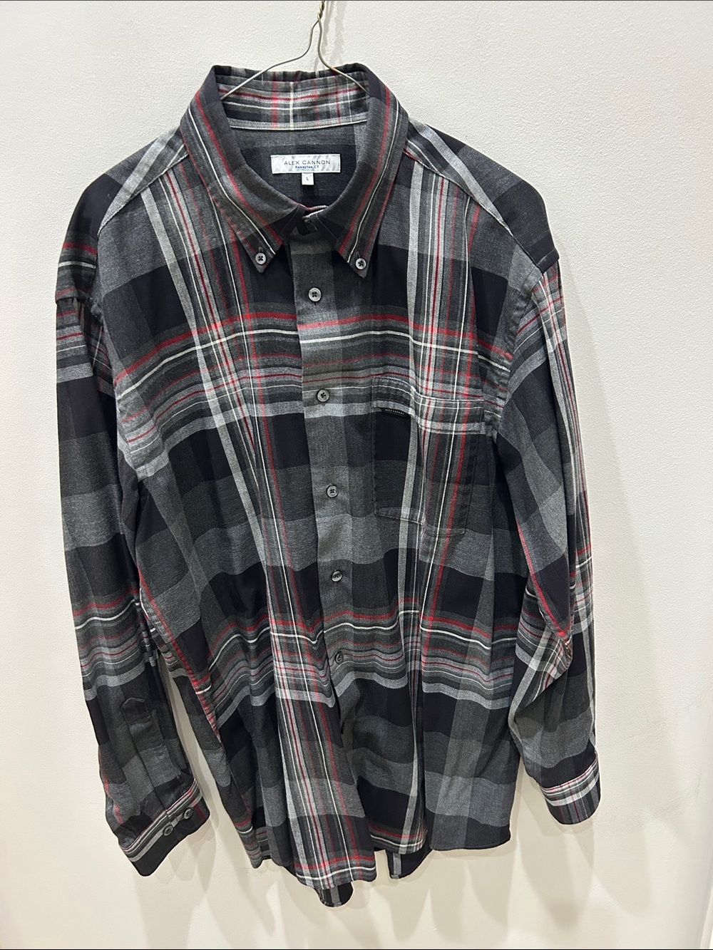 Alex Cannon Men's Button-Down Plaid Shirt - Black & Gray with Red Stripe. Size L